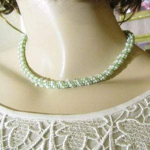 Vintage Green & White Seed Bead Necklace